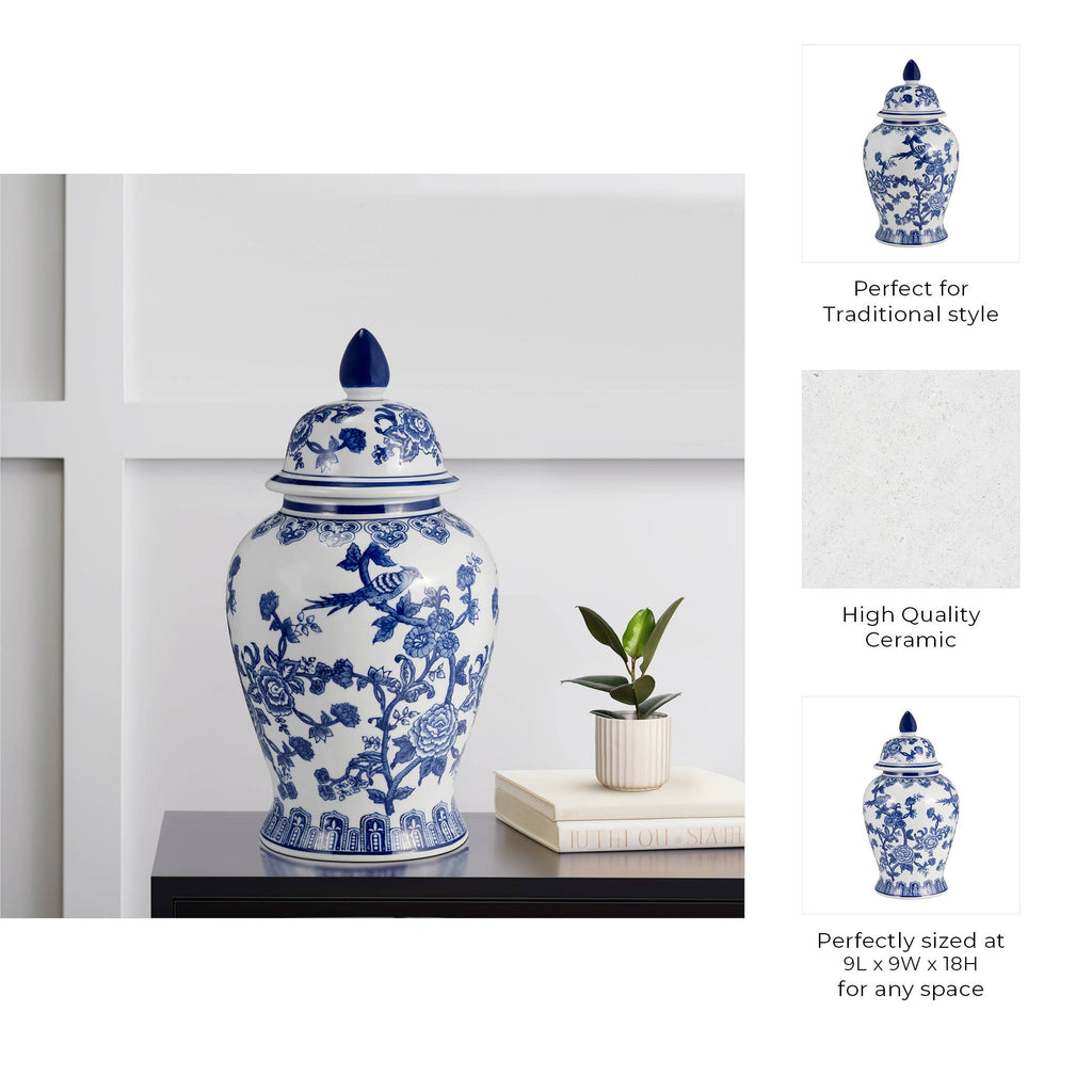 Blue Ceramic Chinoiserie Temple Jar with Bird/Flower - 18 in.