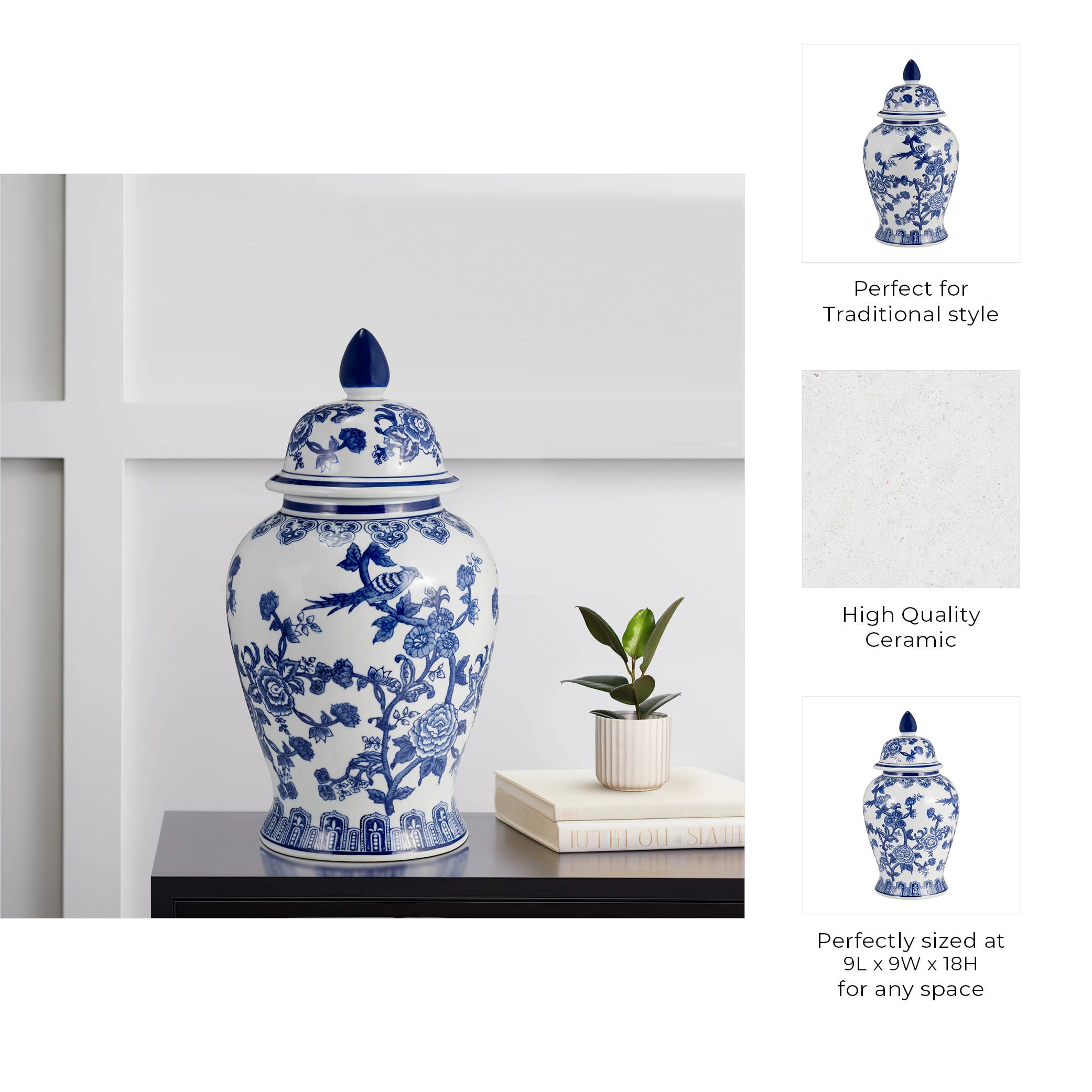 Blue Ceramic Chinoiserie Temple Jar with Bird/Flower - 18 in.
