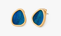 24 Karat Gold plated blue feather earrings on a white background
