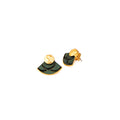 Pair of gold and green earrings on a white background