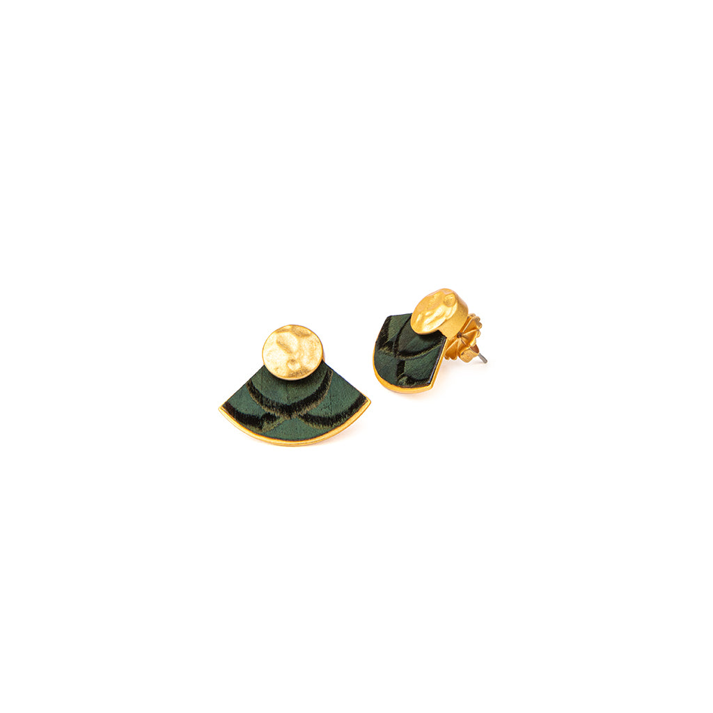 Pair of gold and green earrings on a white background