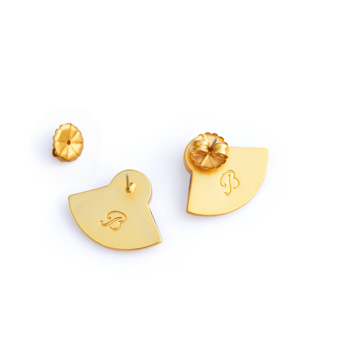 Gold earrings with half-circle design and engraved initials on a white background