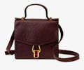 Brown leather handbag with gold clasp featuring a maroon feather inlay against a white background