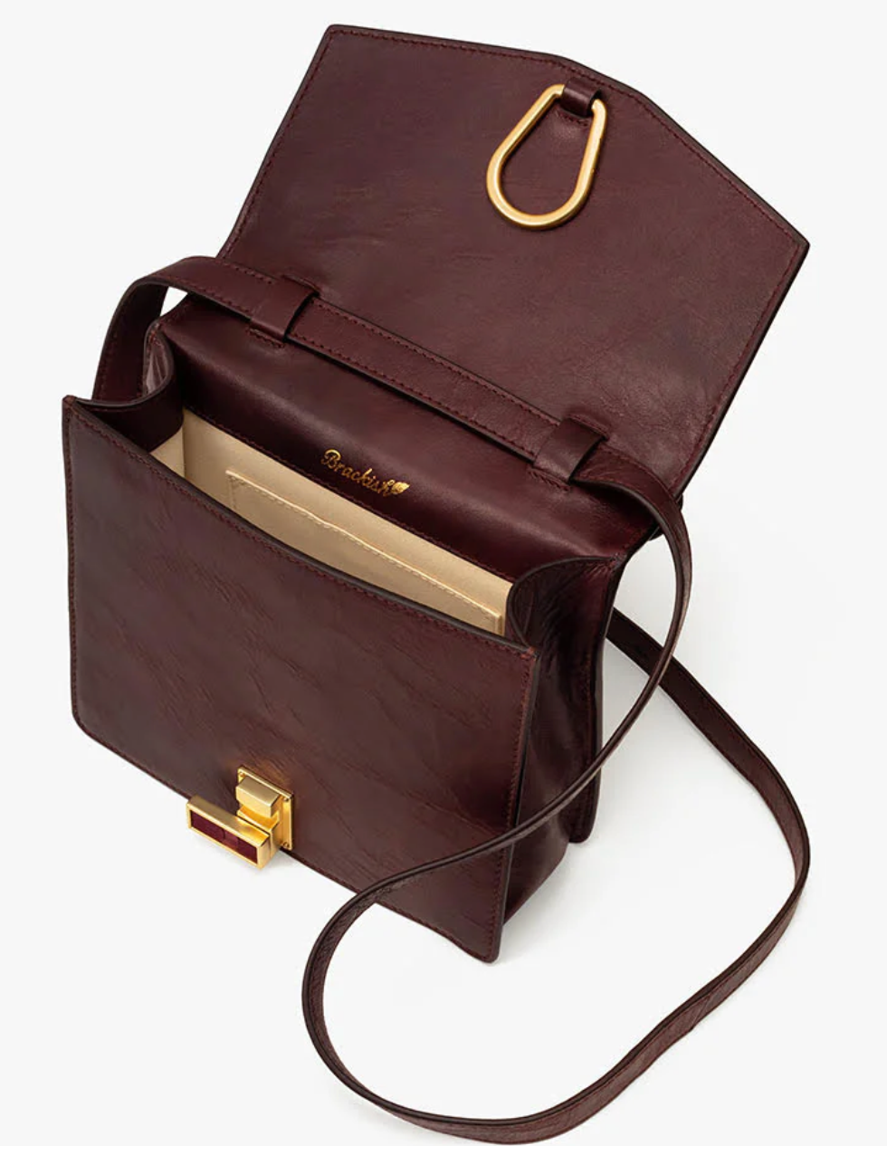 Top view of open brown leather handbag with gold clasp featuring a maroon feather inlay on a white background