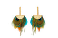 Pair of gold earrings with dangling peacock feathers on a white background