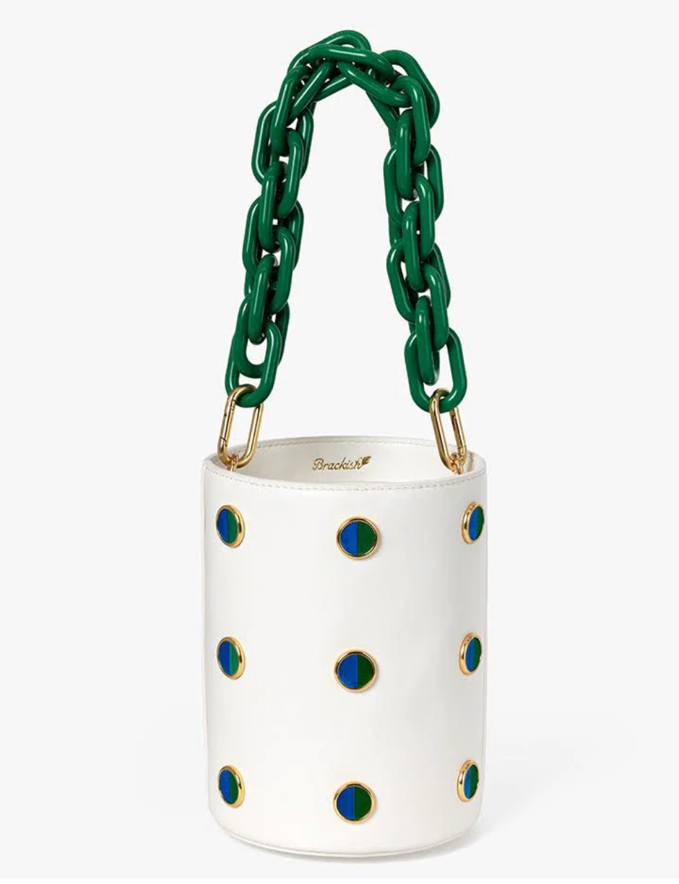 White leather bucket bag with green chain handle and featuring blue and green feather polka dot inlays on a white background