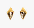 Diamond-shaped gold earrings with a red, white, and gray feather inlay on a white background