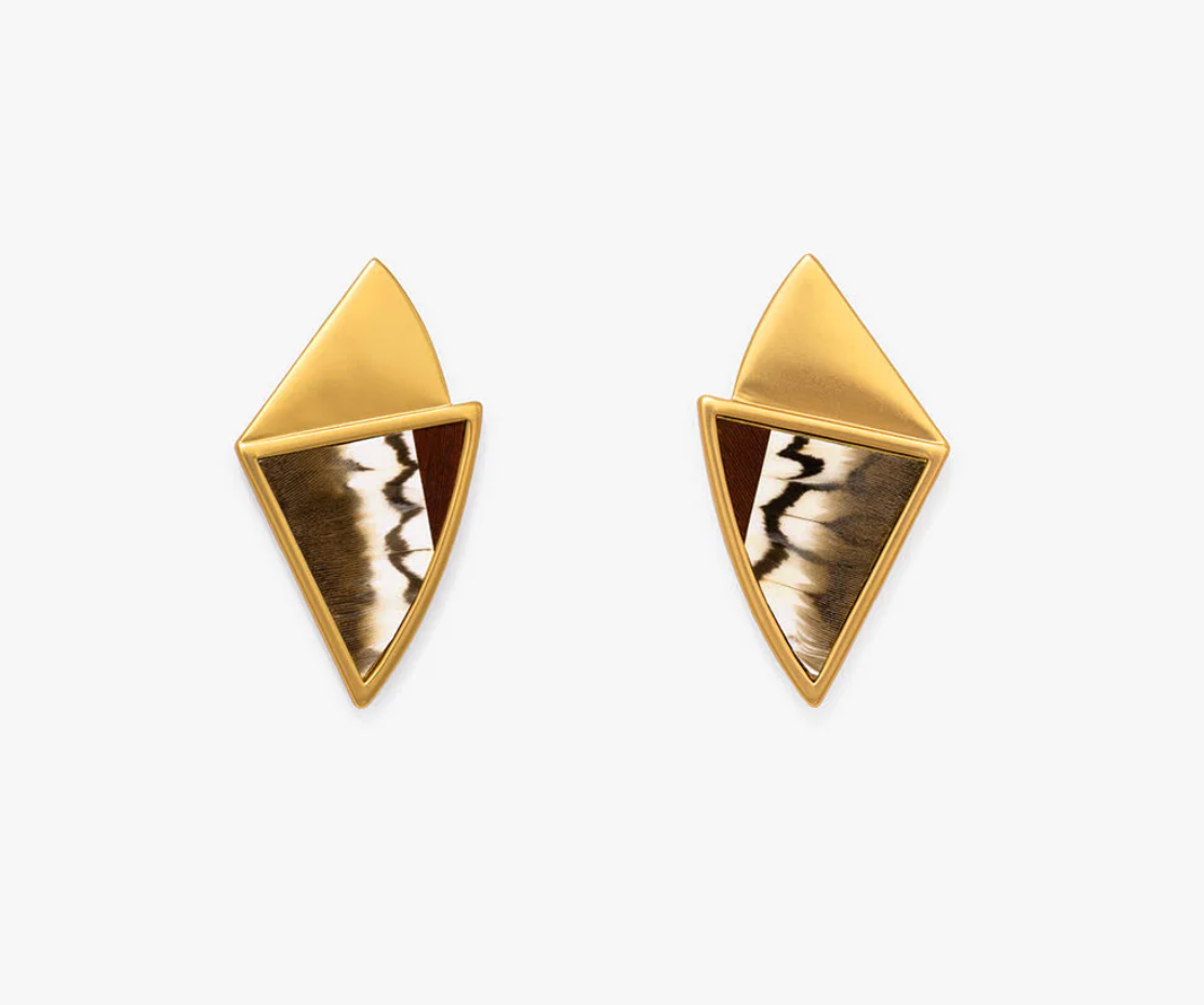 Diamond-shaped gold earrings with a red, white, and gray feather inlay on a white background