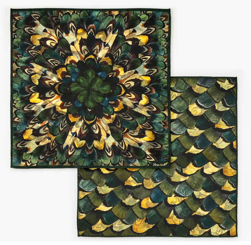 Composite photo showing both sides of pocket square. Both sides are green and yellow. Pattern on front resembles flower petals and pattern on reverse resembles fish scales.
