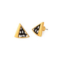 Gold triangle-shaped earrings with black and white pattern on a white background