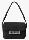 Black leather handbag with gold clasp featuring a black and white feather inlay on a white background