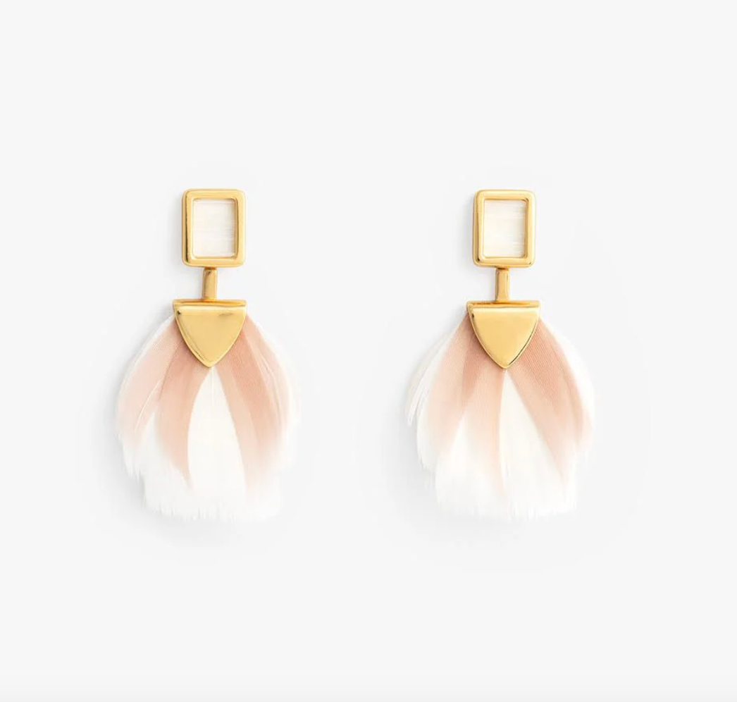 Gold earrings with hanging pink and white feathers on a white background