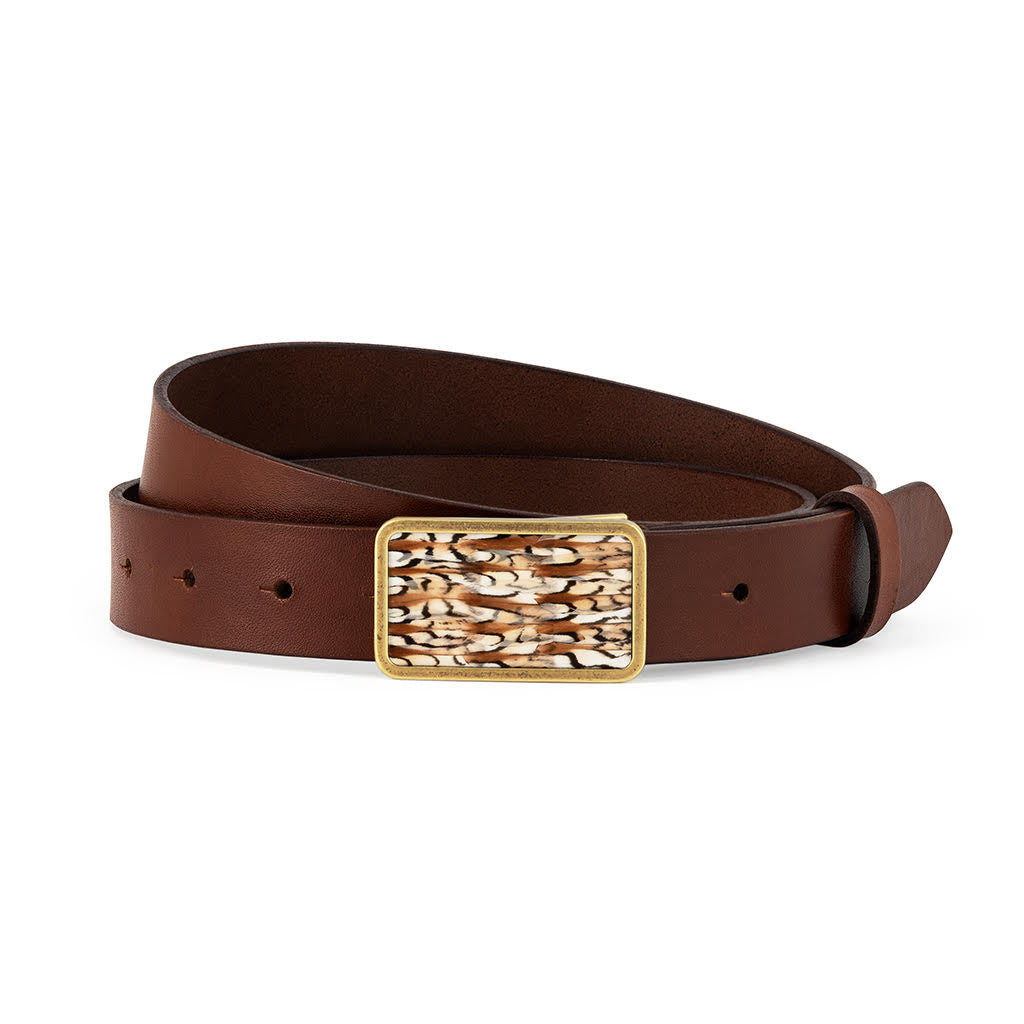 Size 28 brown leather belt with a brown, black and white feather inlaid gold buckle on a white backgroun