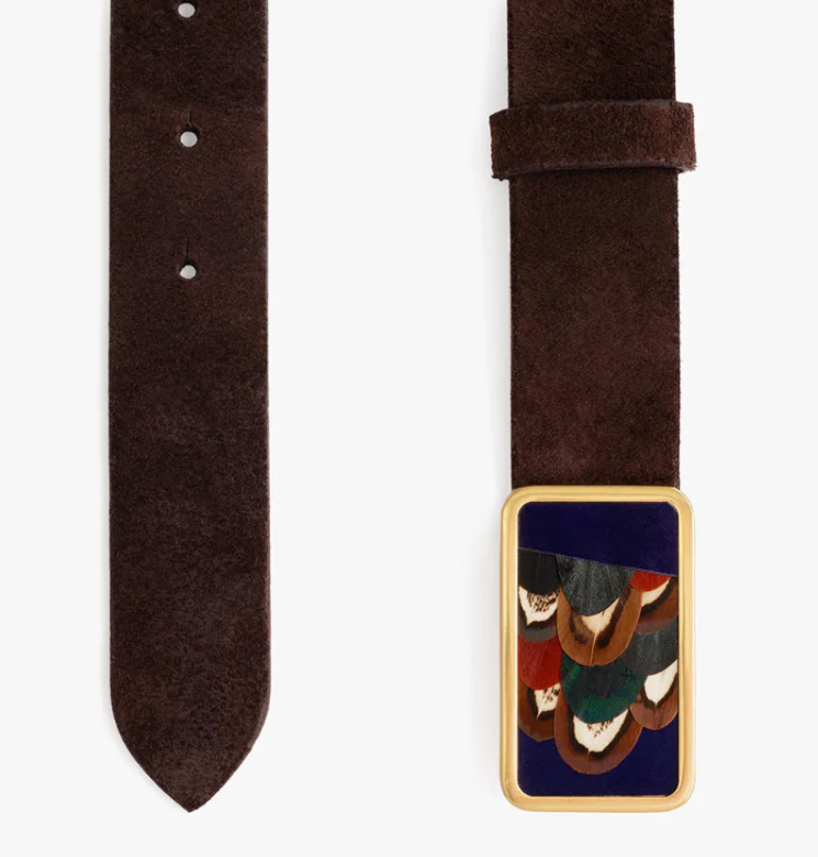 Both ends of a size 38 brown leather belt with a green, blue, brown and white feather inlaid gold buckle