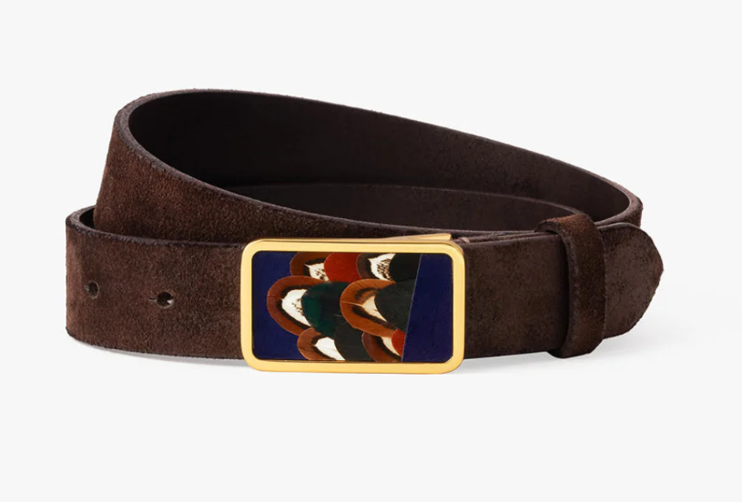 Size 38 brown leather belt with a green, blue, brown and white feather inlaid gold buckle on a white background