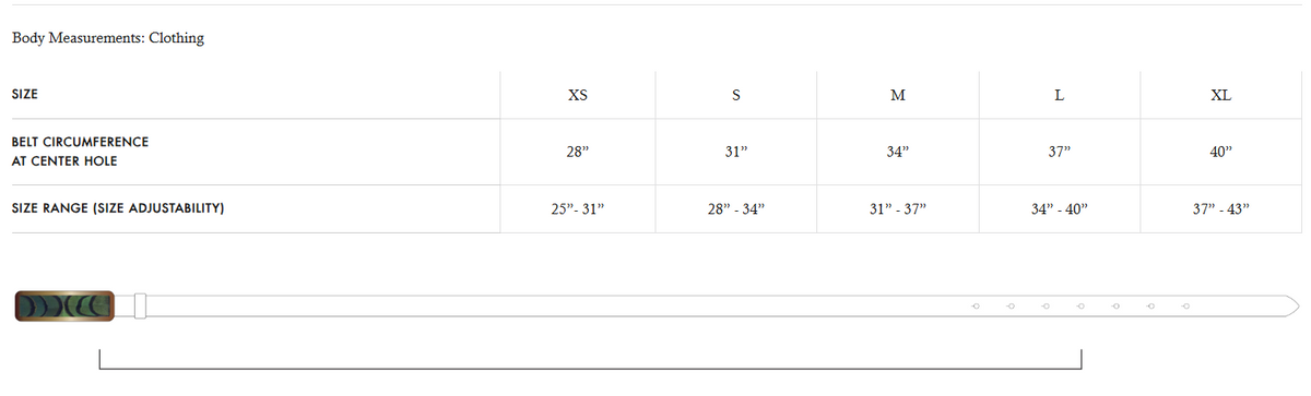 Measurement chart for belt sizing. Belt size measurements are 25-31 inches for XS, 28-34 inches for S, 31-37 inches for M, 34-40 inches for L, and 37-43 inches for XL.