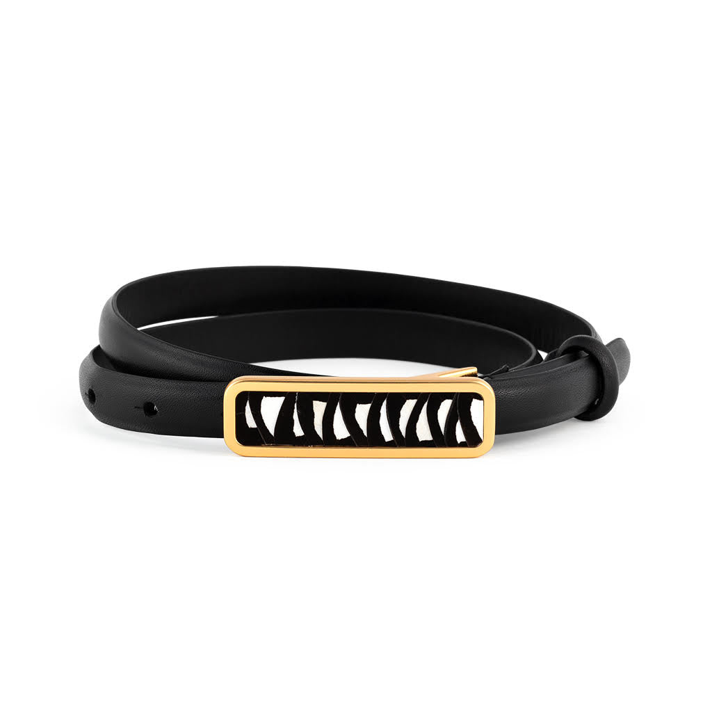 Size XS black leather belt with a gold buckle and black/white feather inlay on a white background