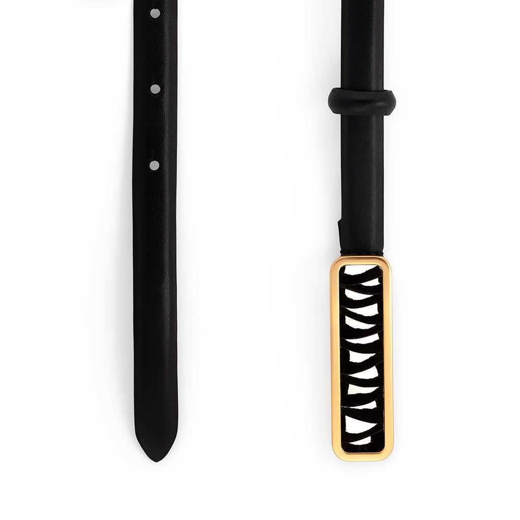 Size XS black belt with a white and black decorative gold buckle on a white background