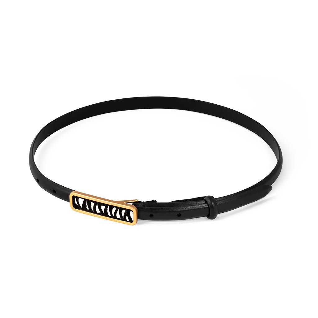 Size XS black belt with a black/white feather inlay gold buckle on a white background