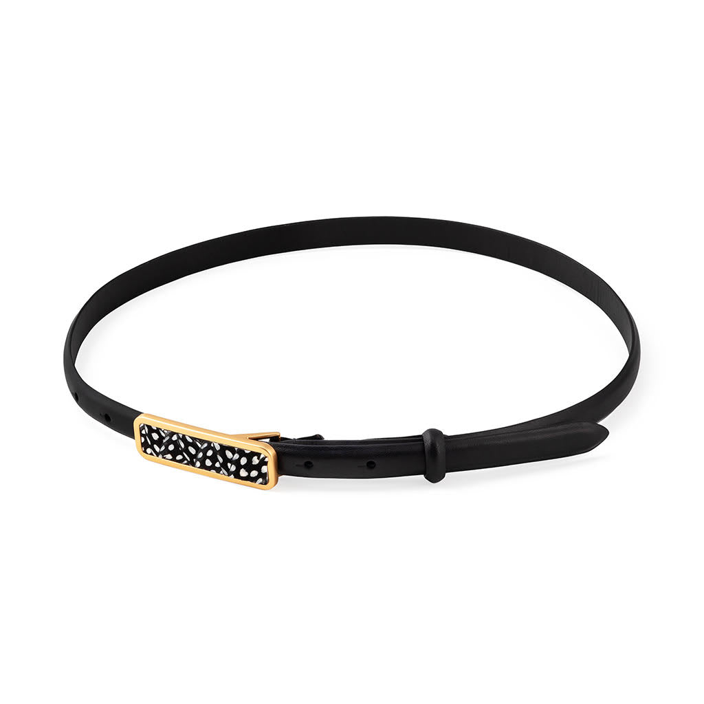 Full view of black belt size large with a black and white patterned decorative gold buckle on a white background.