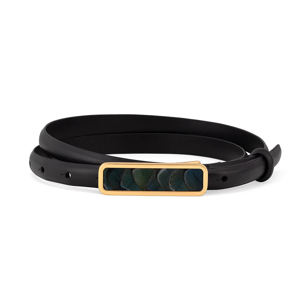 Size XL black leather belt with a blue and green feather inlaid gold buckle on a white background