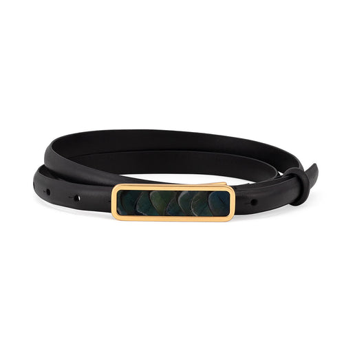 Size XL black leather belt with a blue and green feather inlaid gold buckle on a white background