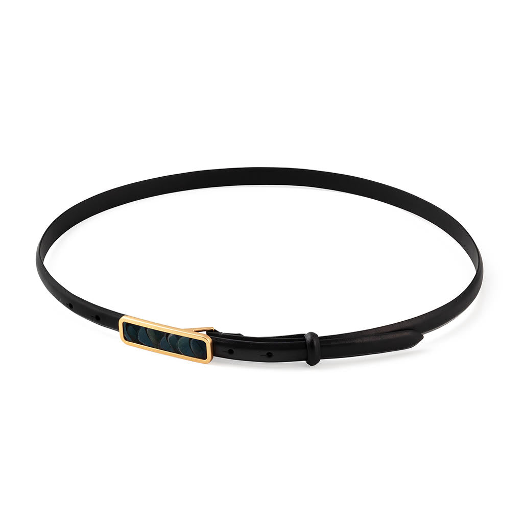 Full view of size XL black belt with a green and blue feather inlaid gold buckle on a white background
