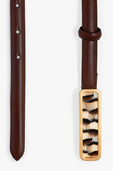 Ends of size M brown leather belt featuring a black, brown and white feather inlaid gold buckle on a white background