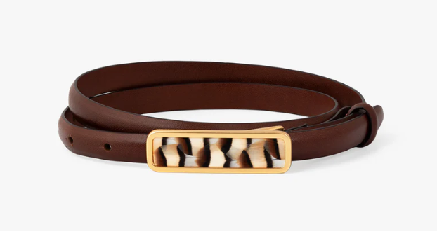 Size M brown leather belt with a black, brown and white feather inlaid gold buckle on a white background
