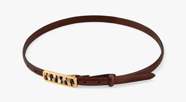 Full view of size M brown belt featuring a black, brown and white feather inlaid gold buckle on a white background