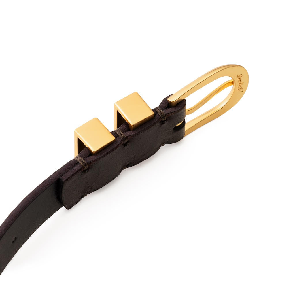 Brown leather belt with gold buckle on a white background