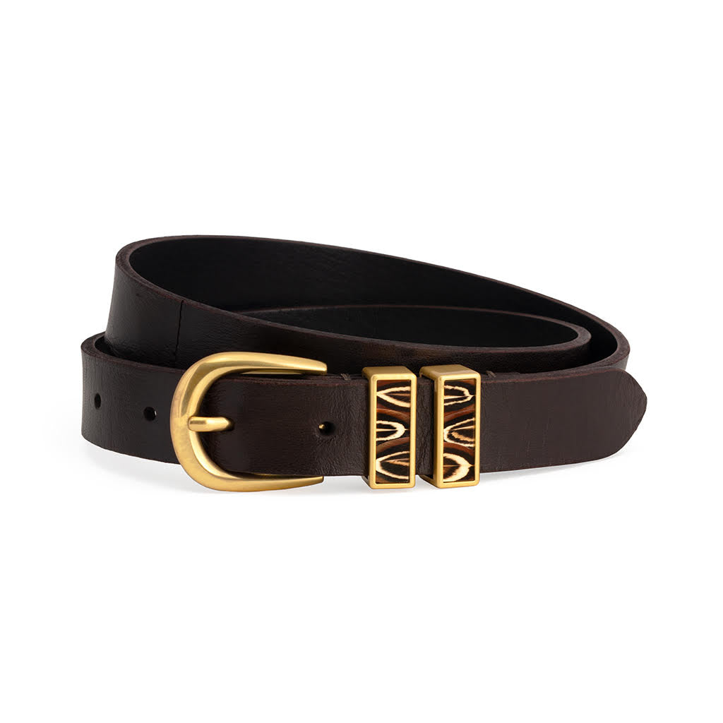 Brown leather belt with a gold buckle and feather inlay on a white background