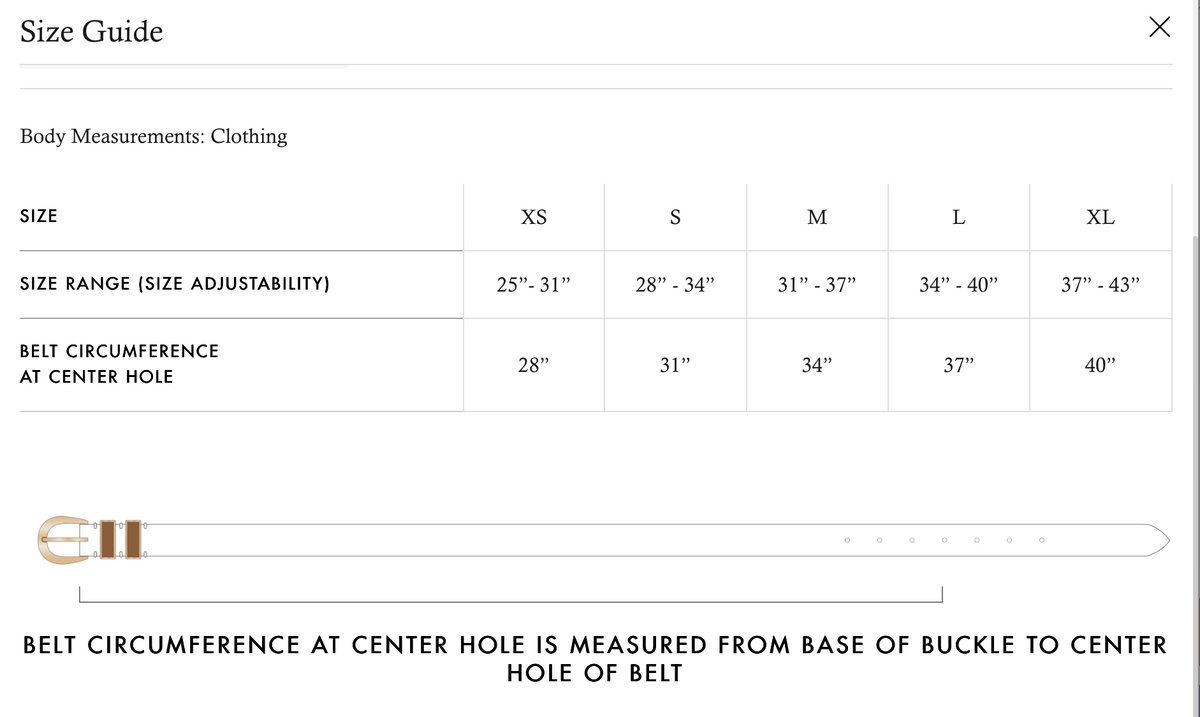 Size guide for belts with measurements in centimeters and inches. This belt is size small, which is shown to adjust from 28" to 34"