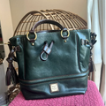Large bucket style Green leather handbag with gold accents and brown leather trim