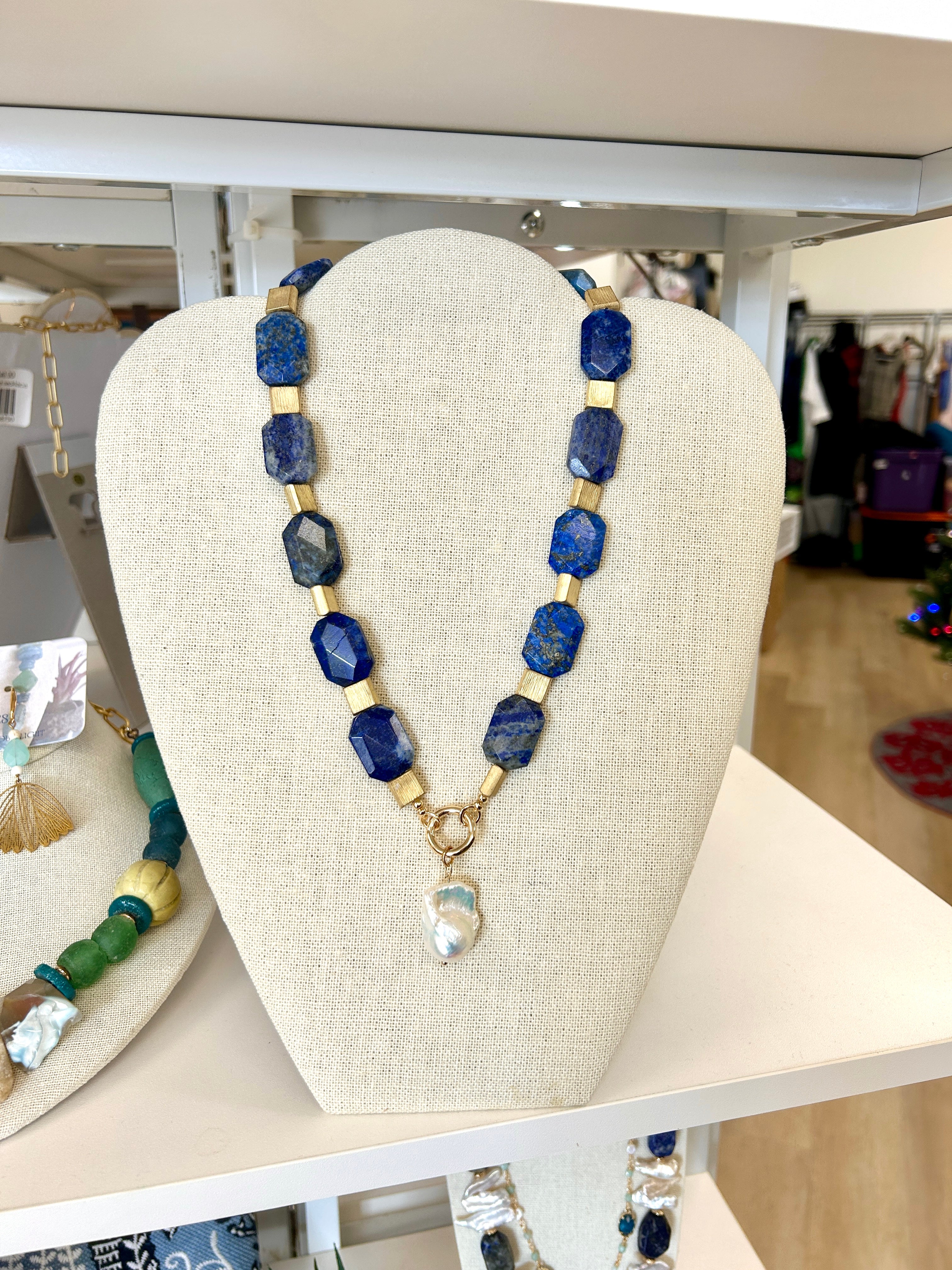Lapis Lazuli and baroque pearl statement necklace