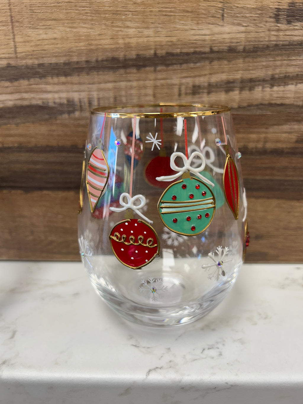Festive holiday stemless wine glass