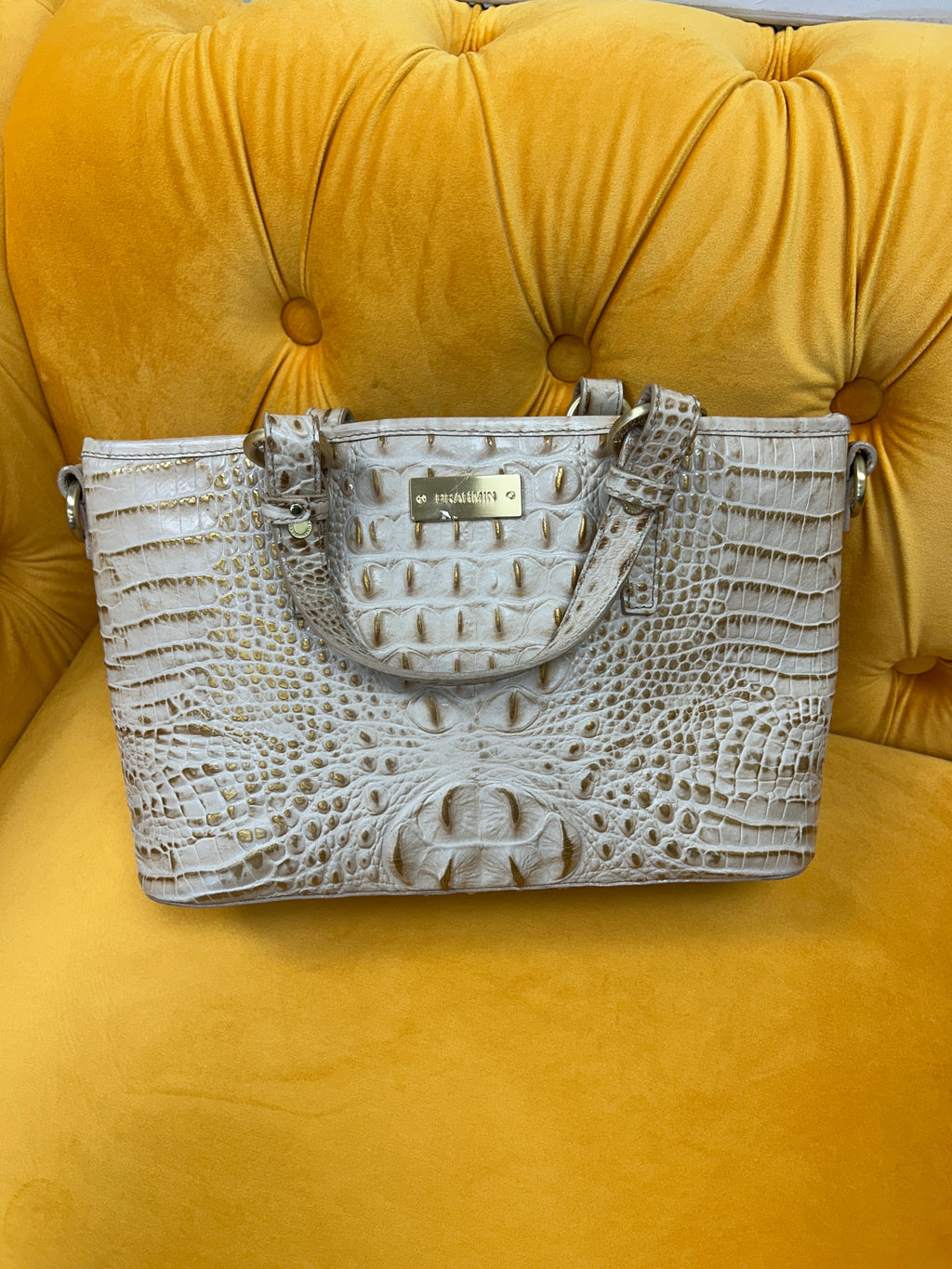 Brahmin Medium Asher tote in cream/gold crocodile embossed leather, gently used
