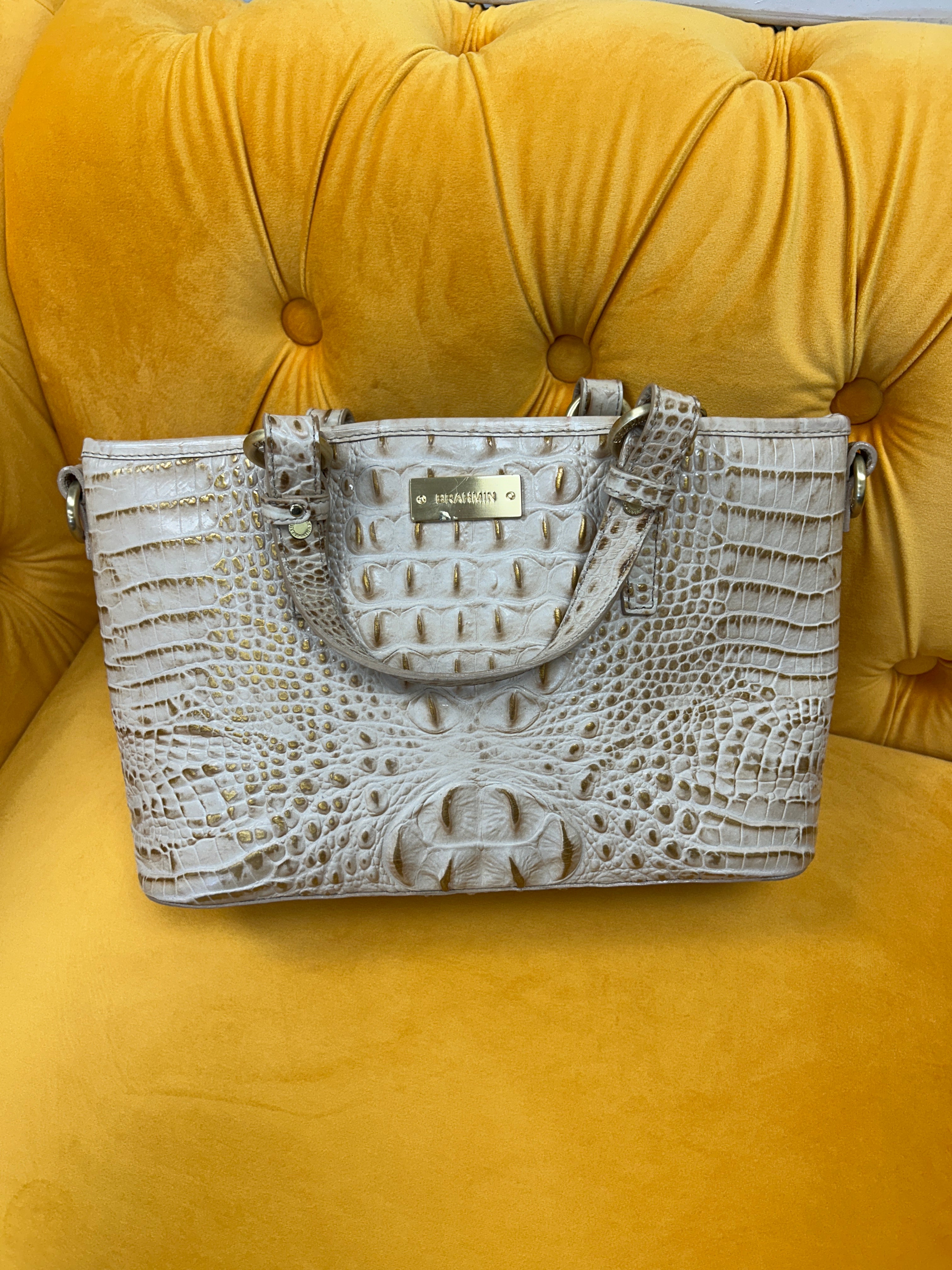 Brahmin Medium Asher tote in cream/gold crocodile embossed leather, gently used