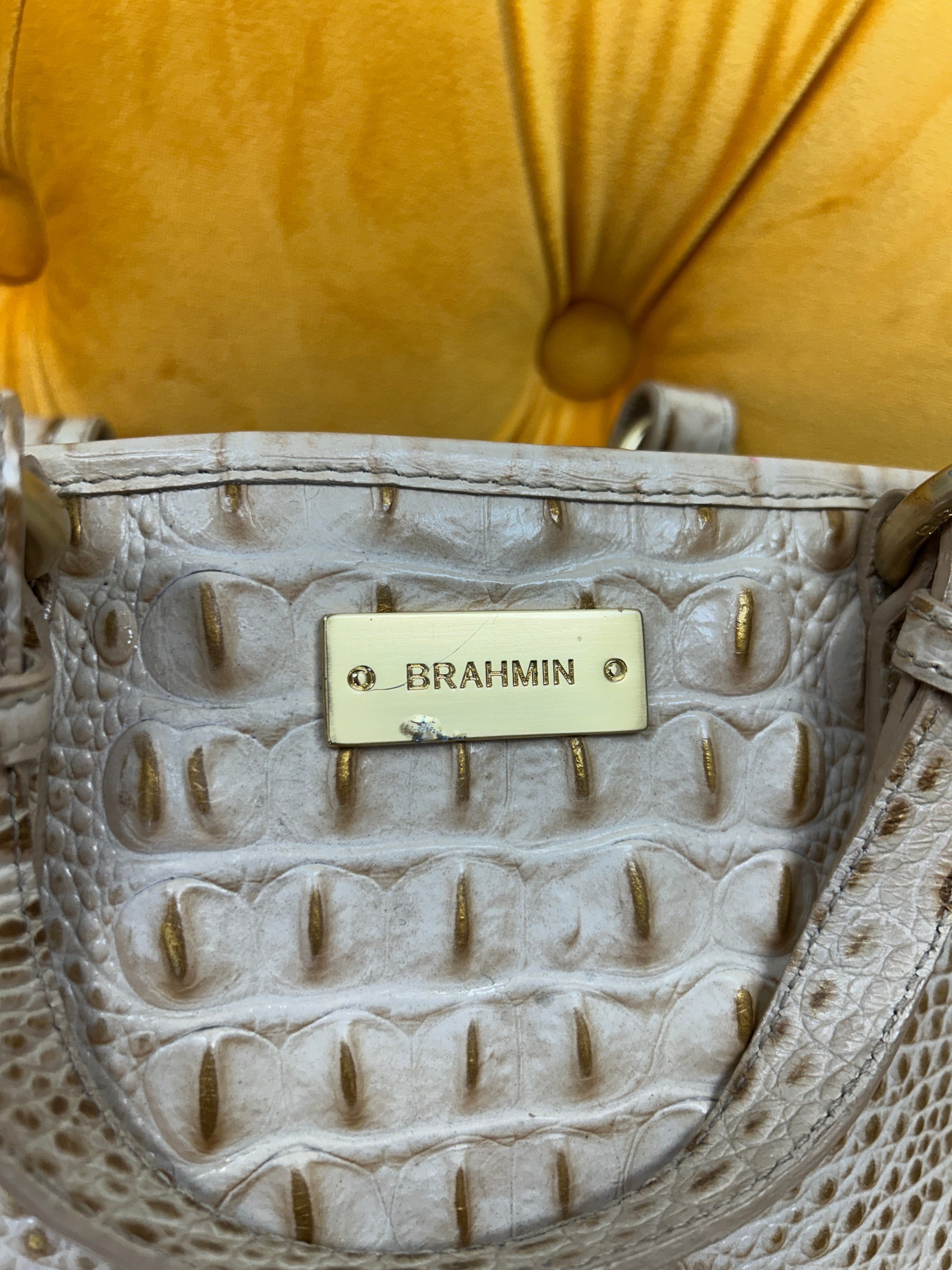 Brahmin Medium Asher tote in cream/gold crocodile embossed leather, gently used