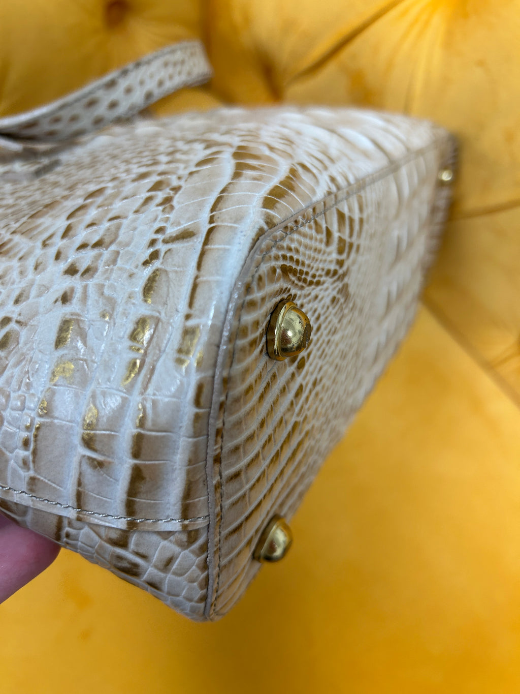 Brahmin Medium Asher tote in cream/gold crocodile embossed leather, gently used