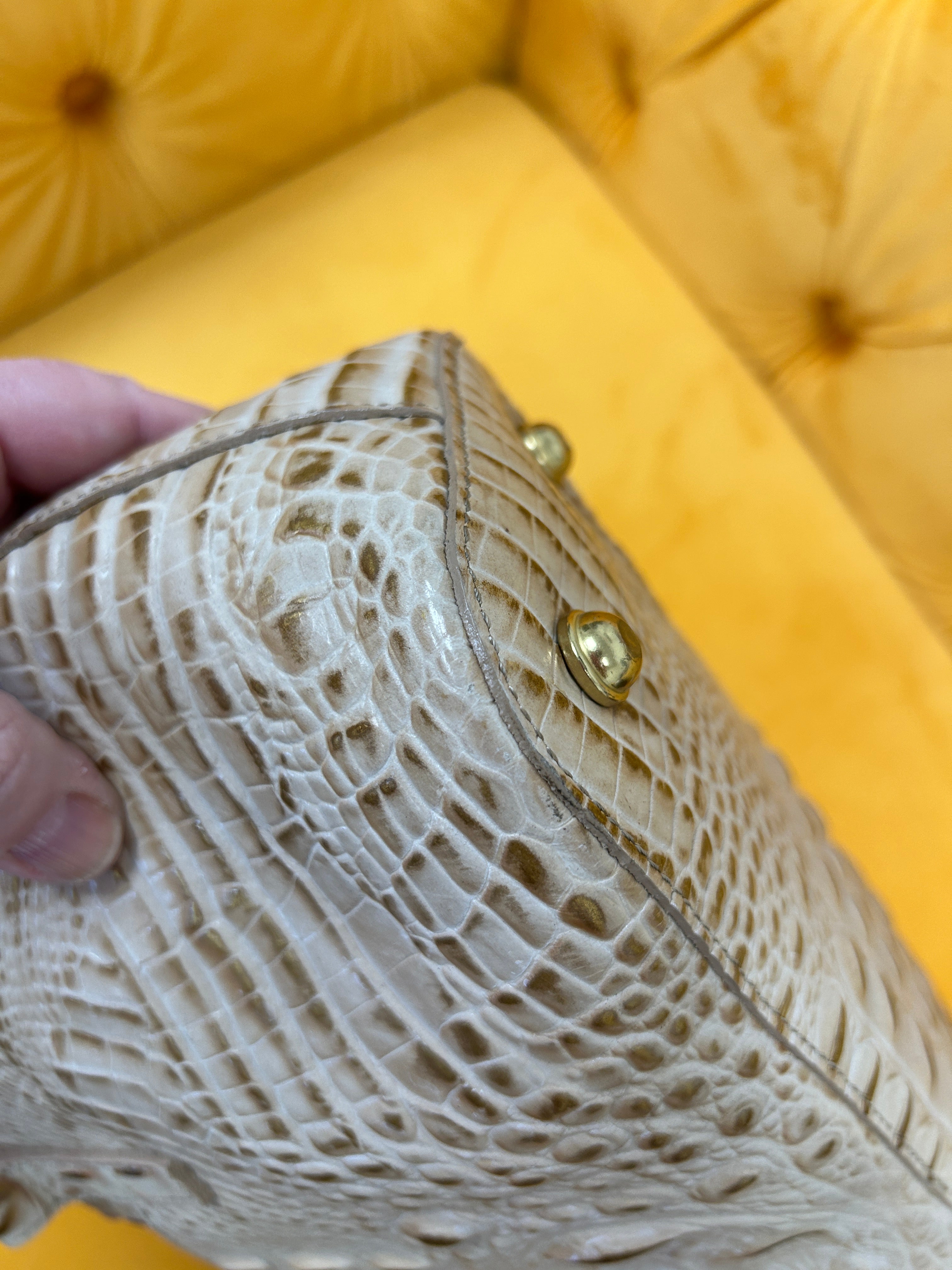 Brahmin Medium Asher tote in cream/gold crocodile embossed leather, gently used