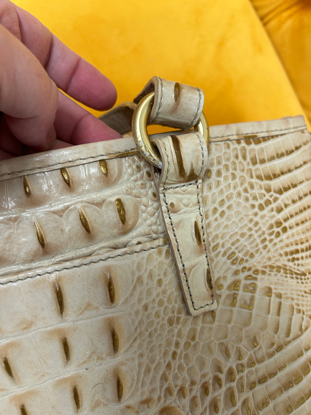 Brahmin Medium Asher tote in cream/gold crocodile embossed leather, gently used