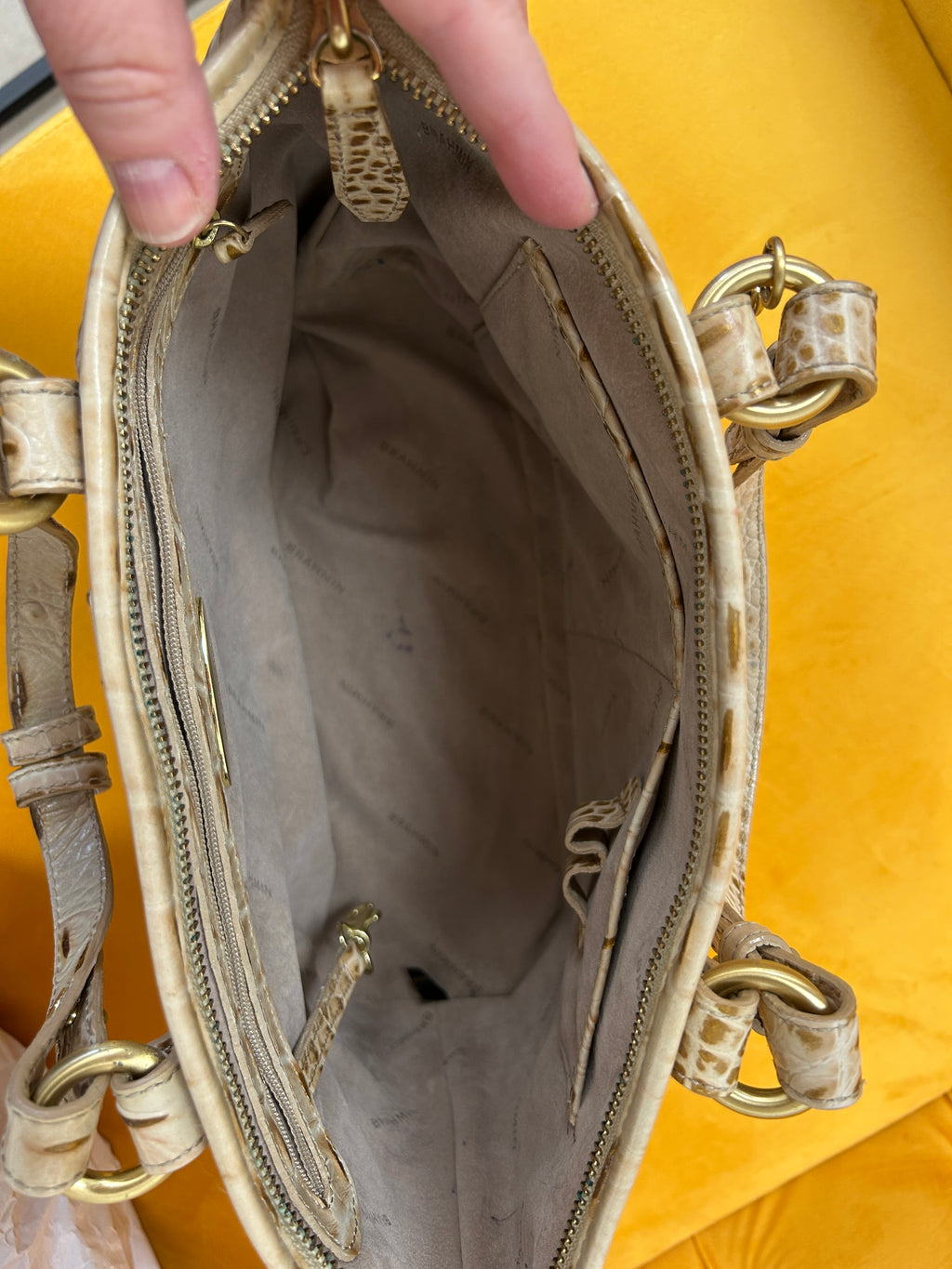 Brahmin Medium Asher tote in cream/gold crocodile embossed leather, gently used