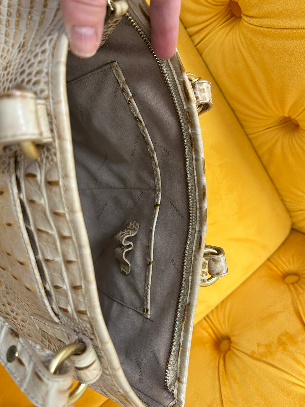 Brahmin Medium Asher tote in cream/gold crocodile embossed leather, gently used