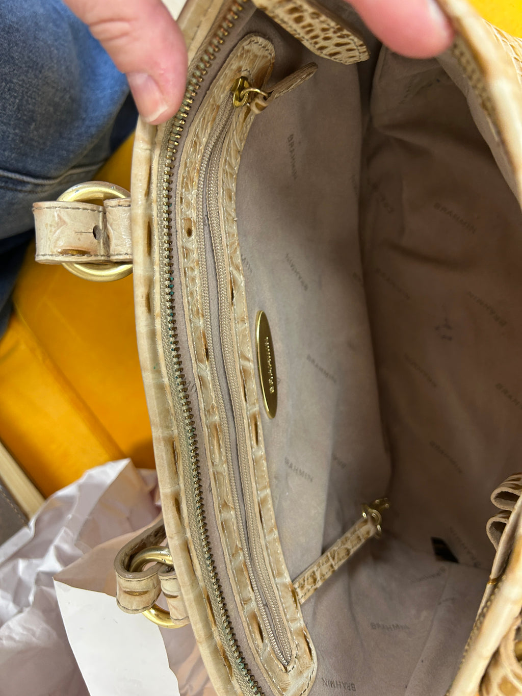 Brahmin Medium Asher tote in cream/gold crocodile embossed leather, gently used