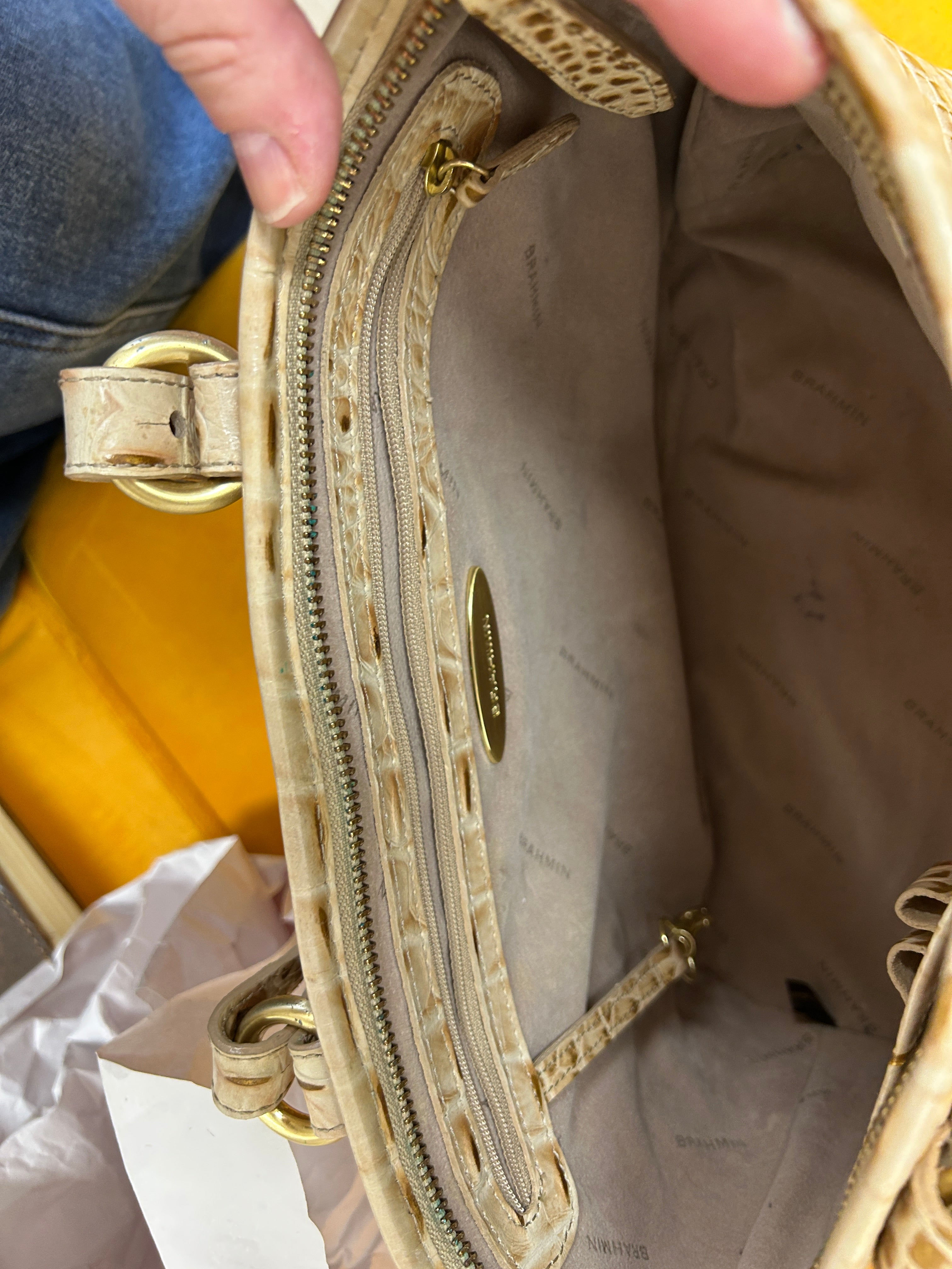 Brahmin Medium Asher tote in cream/gold crocodile embossed leather, gently used