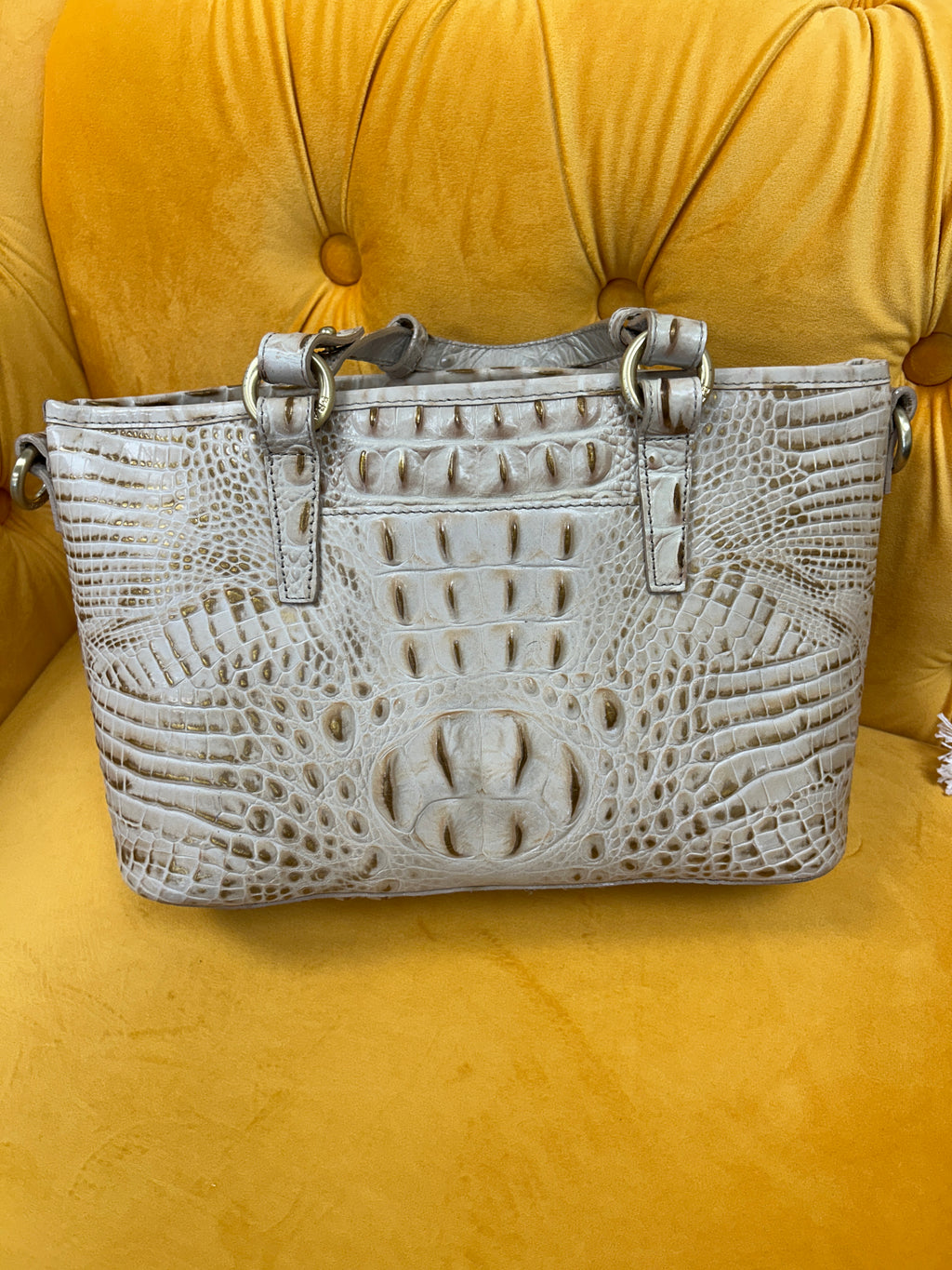 Brahmin Medium Asher tote in cream/gold crocodile embossed leather, gently used