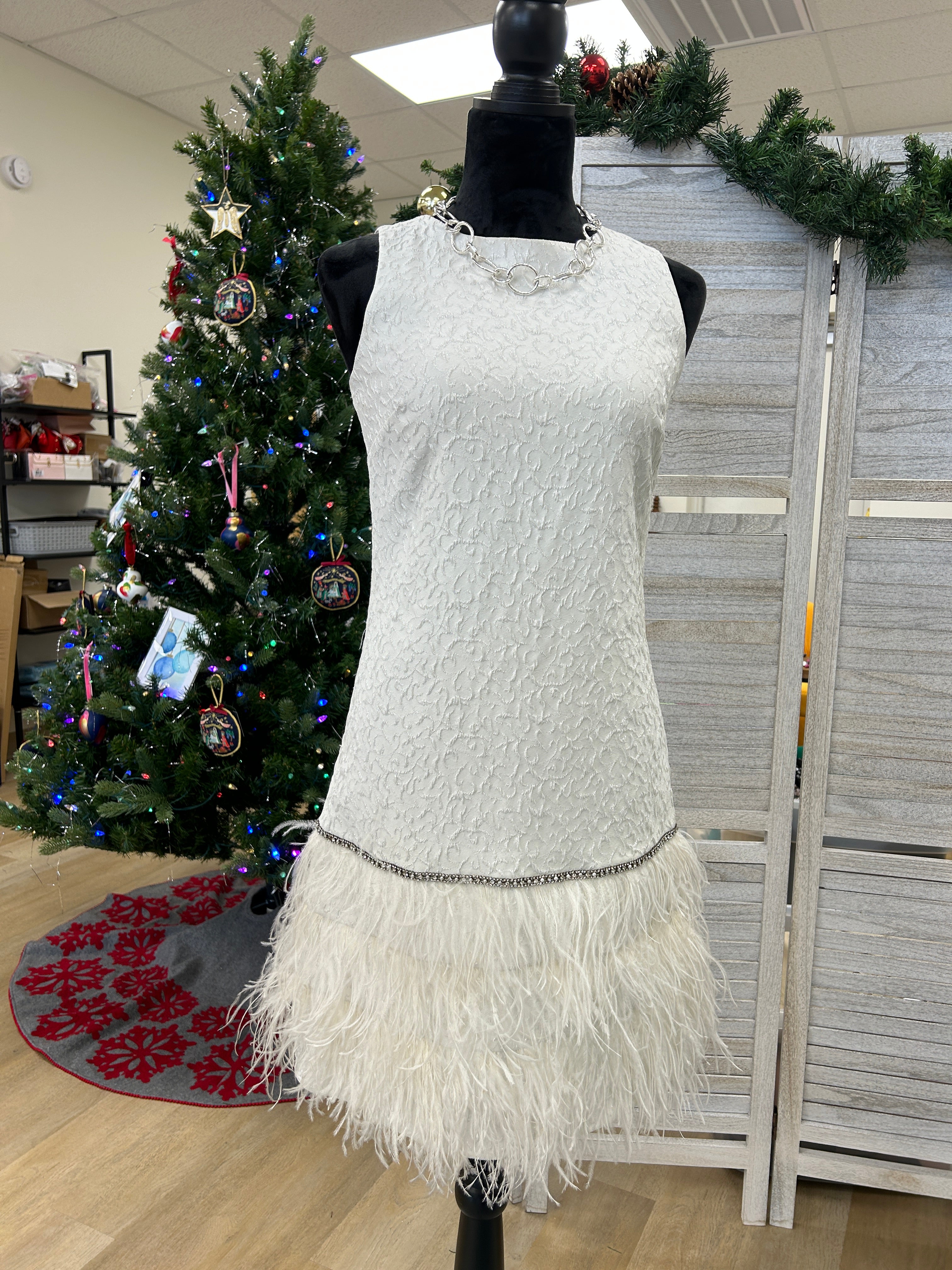 Tahari Shift dress with Rhinestones and feathers