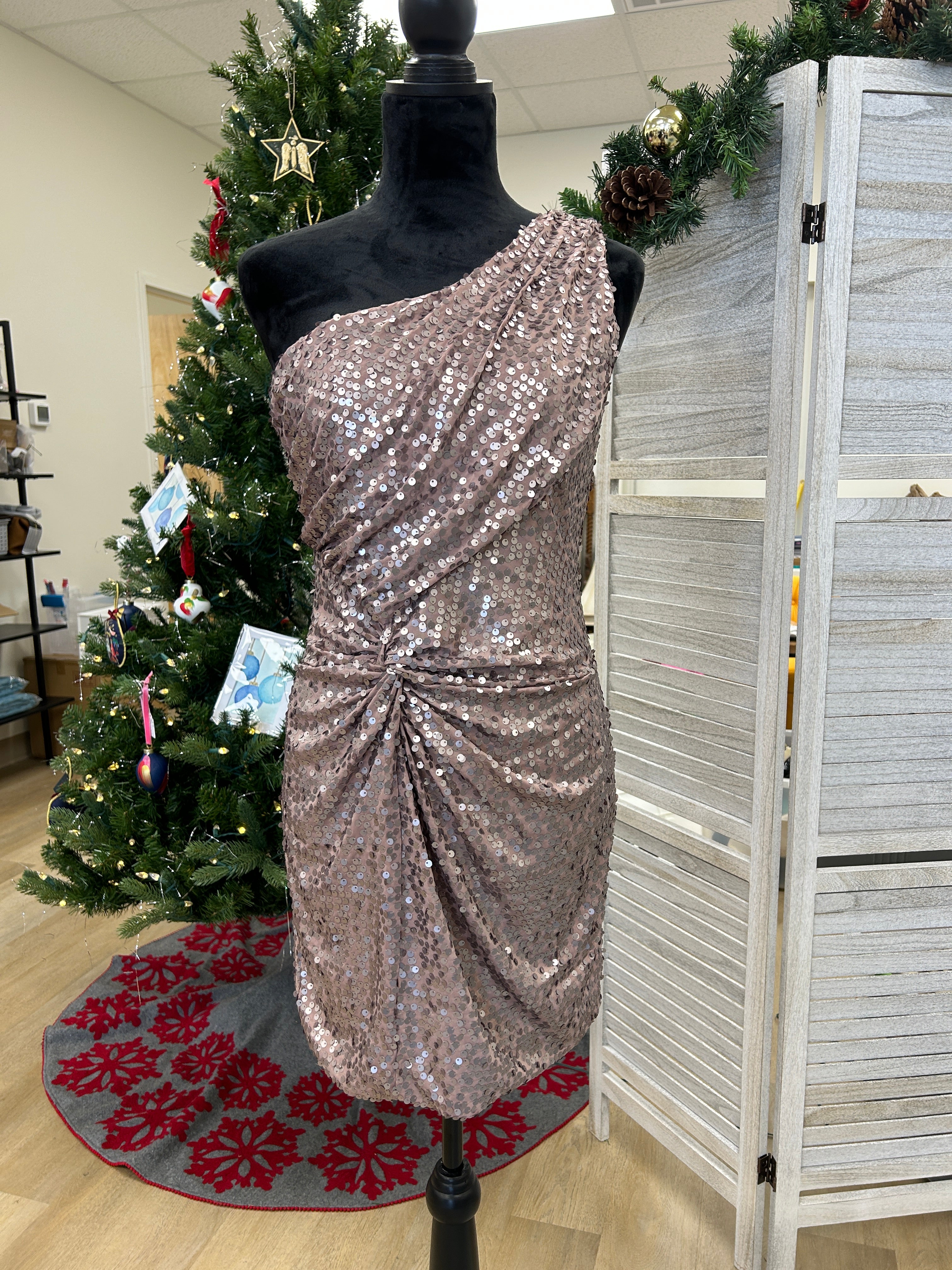 Mauve sequin one shoulder cocktail dress