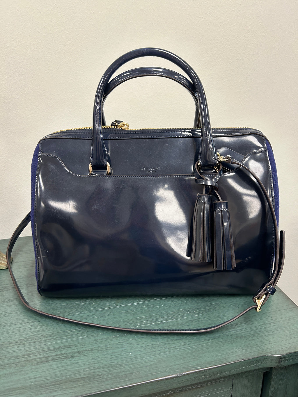 Coach Legacy Helya Two Tone Navy Wool and Patent Leather